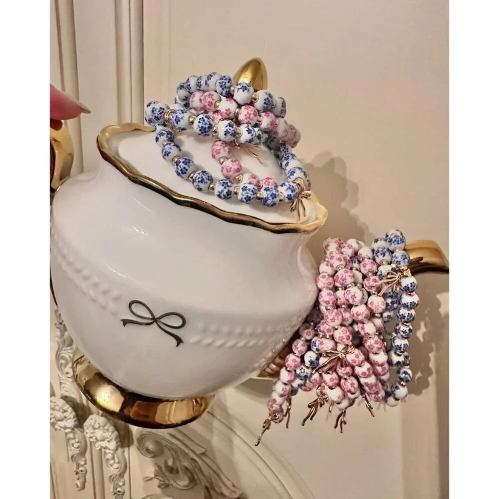 Beads Bow Charm Bracelet for Women - Handmade Flower Vintage Stretch Jewelry